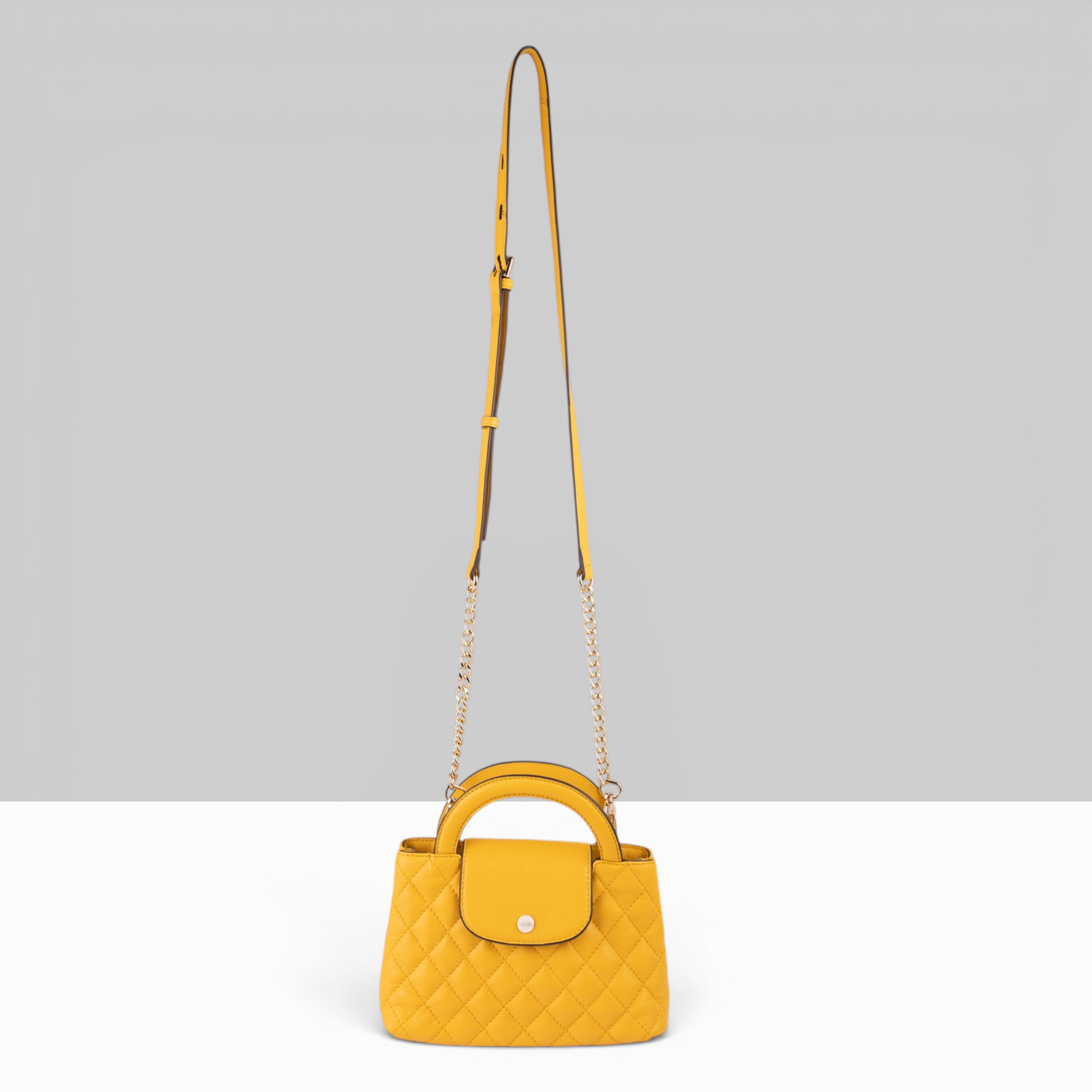 Lodis Mini Quilted Satchel in Curry – Full-Length View with Adjustable Leather and Gold-Tone Chain Crossbody Strap | Lodis 1965