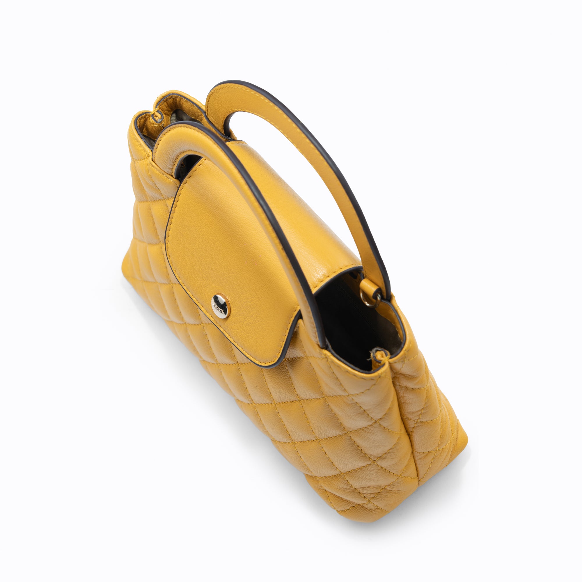 Lodis Mini Quilted Satchel in Curry – Overhead Angle View Showing Open Compartment, Flap and Gold-Tone Chain Strap | Lodis 1965