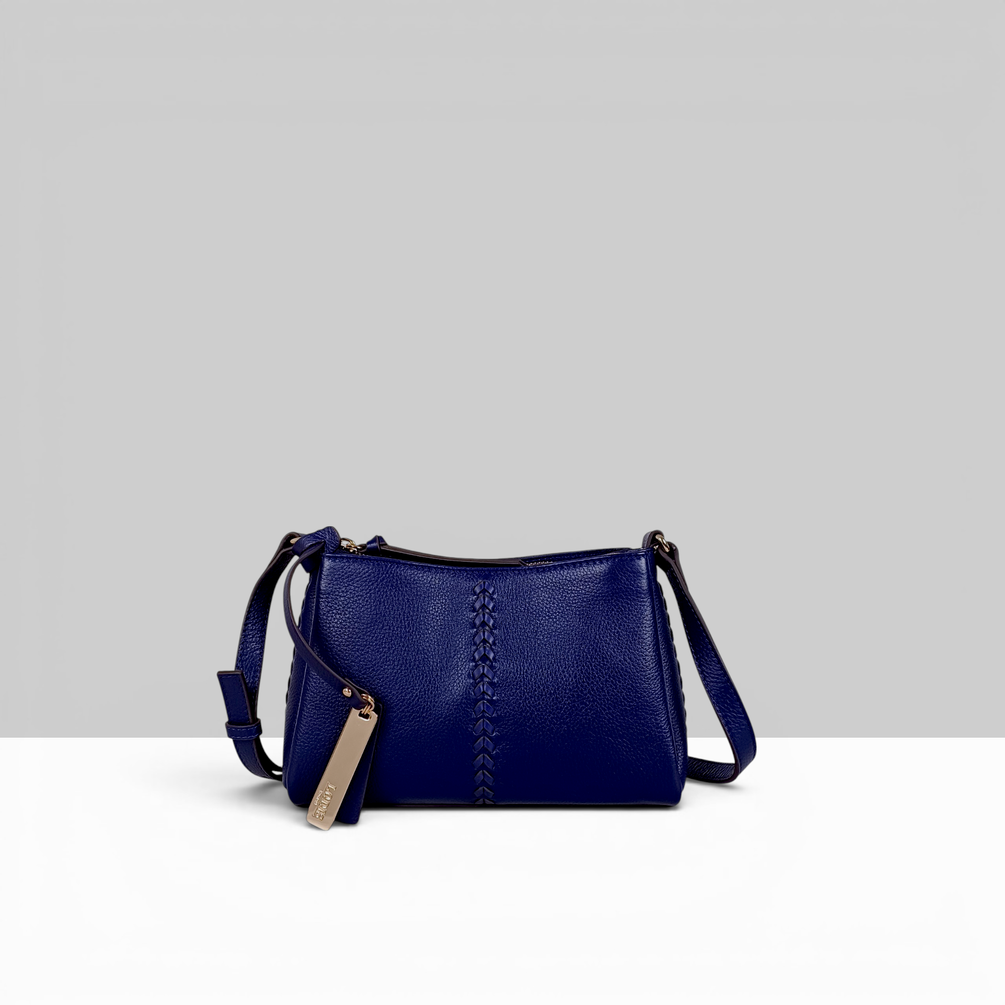 Lodis Nicks Crossbody in Evening Blue - Front View, Genuine Suede Leather with Whipstitch Detail and Gold-Tone Logo Tag | Lodis 1965