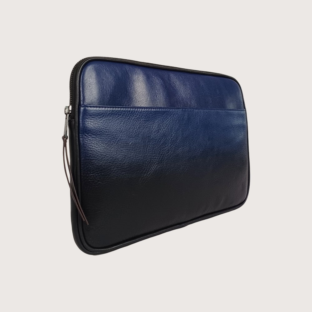 Lodis Ombre Laptop Sleeve in Blue-Black – Three-Quarter View Showing Zip Closure and Ombre Nappa Leather Texture Detail | Lodis 1965