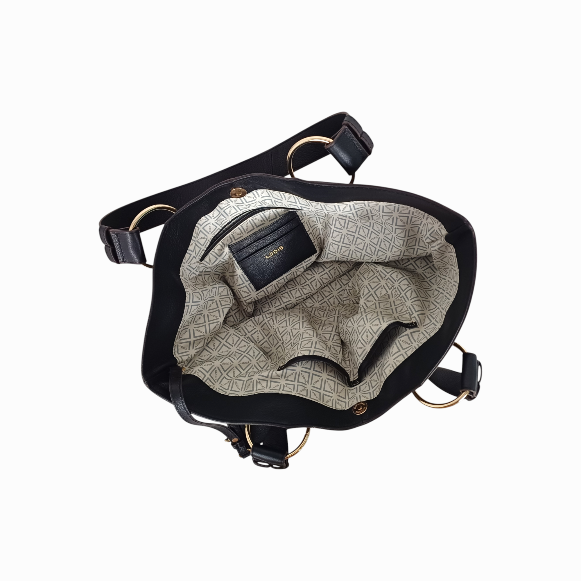 Lodis Solaris Tote in Black – Interior View, Printed Fabric Lining with Zip Pocket, Card Slots and Gold-Tone Ring Hardware | Lodis 1965