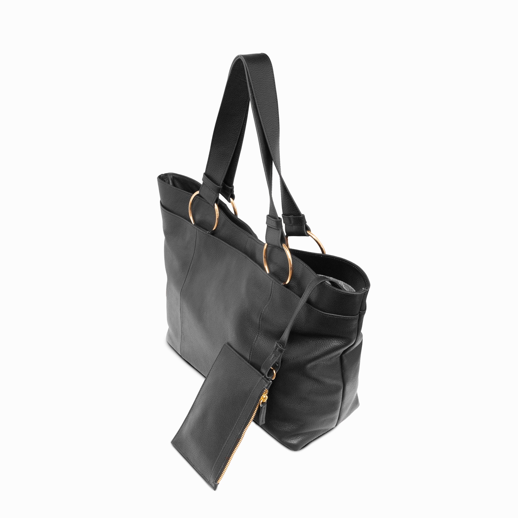 Lodis Solaris Tote in Black – Front View, Drum Dyed Pebbled Leather with Gold-Tone Ring Hardware and Matching Zip Pouch | Lodis 1965