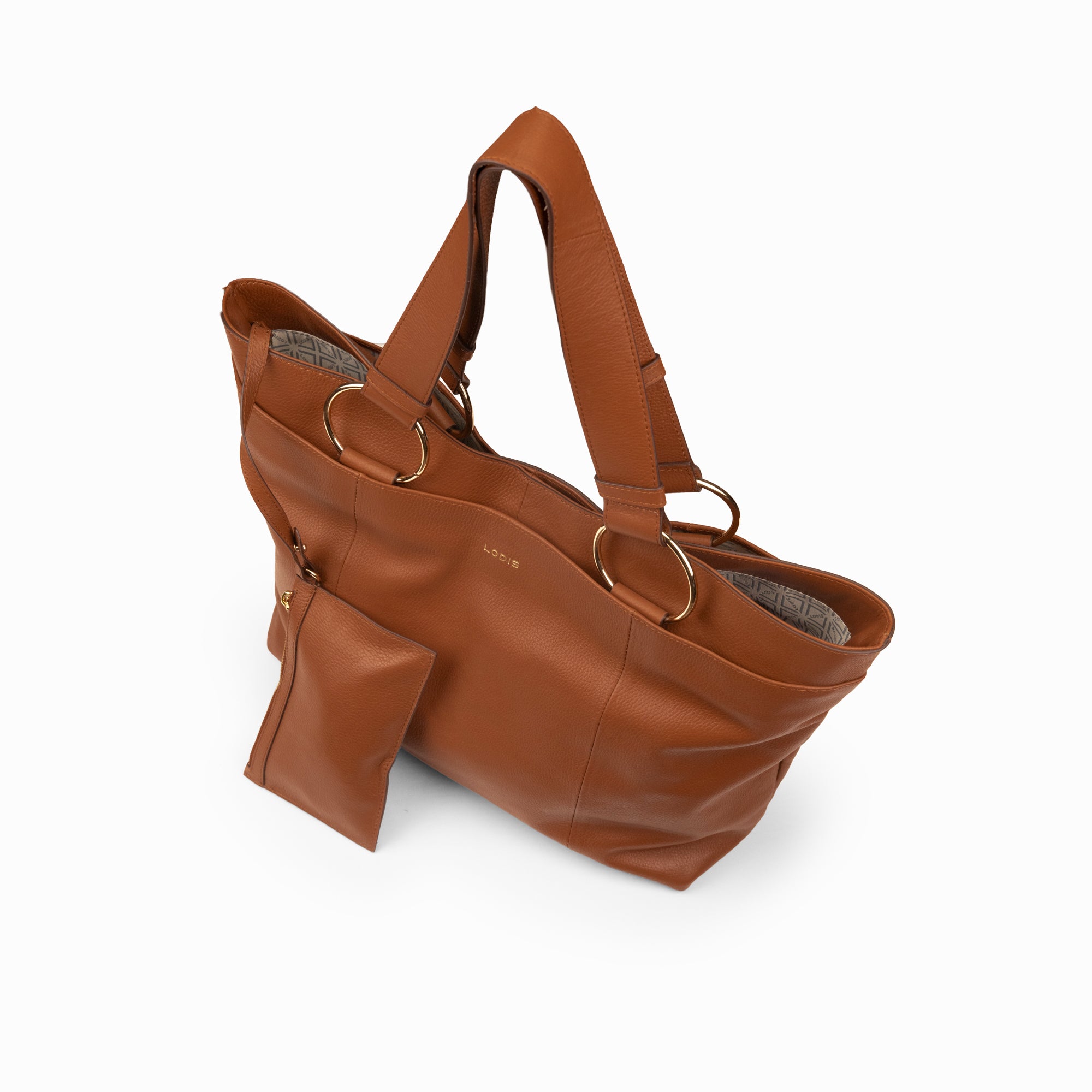 Lodis Solaris Tote in Chestnut – Top Angle View, Open Interior with Printed Lining, Gold-Tone Ring Hardware and Matching Zip Pouch | Lodis 1965