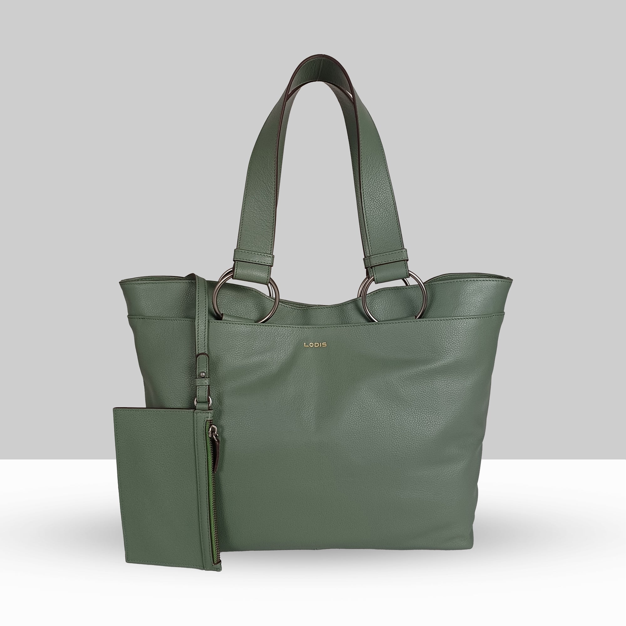Lodis Solaris Tote in Sage Green – Front View, Drum Dyed Pebbled Leather with Gold-Tone Ring Hardware and Matching Zip Pouch | Lodis 1965