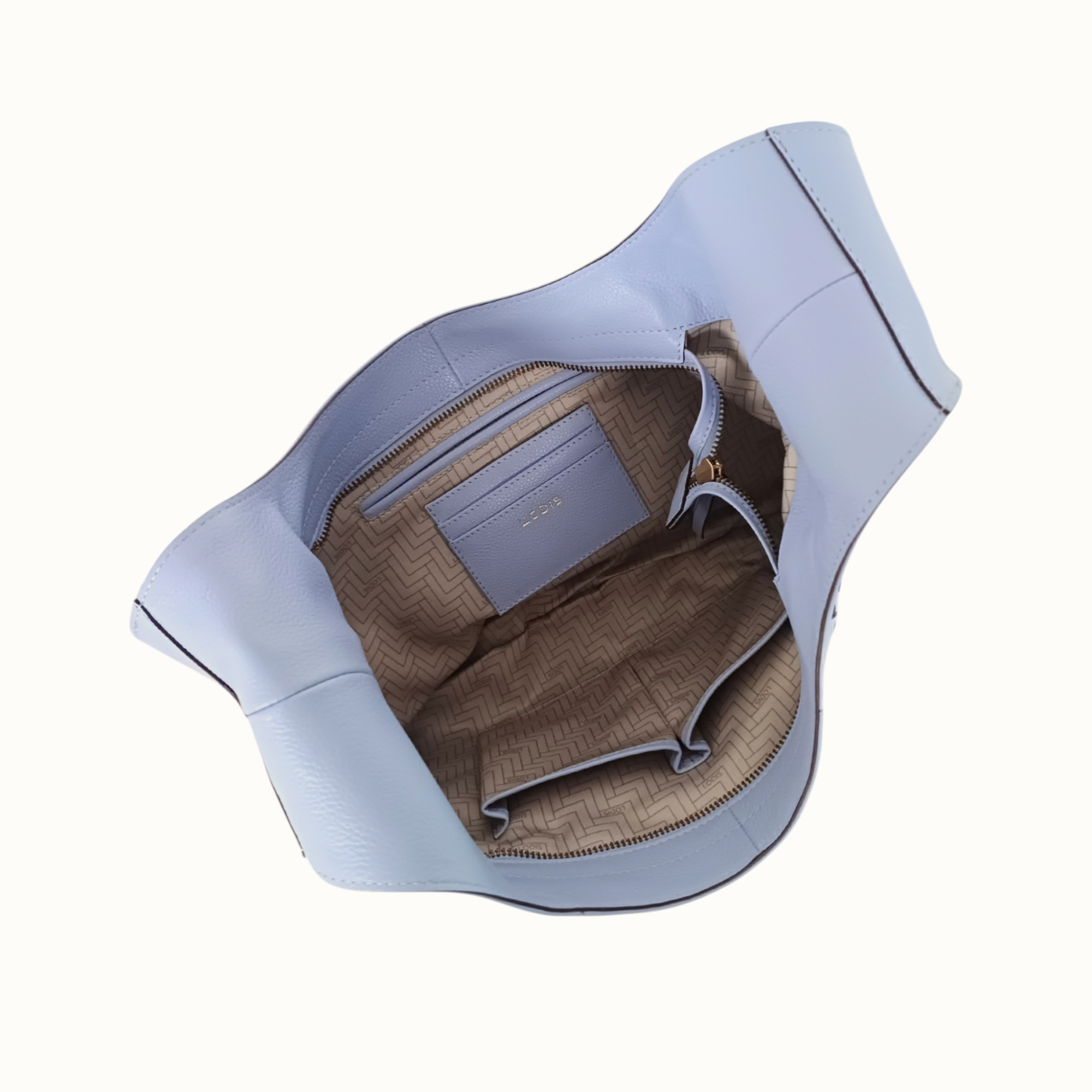 Lodis Solstice Hobo in Aura – Interior View, Zip Pocket and Printed Fabric Lining | Lodis 1965