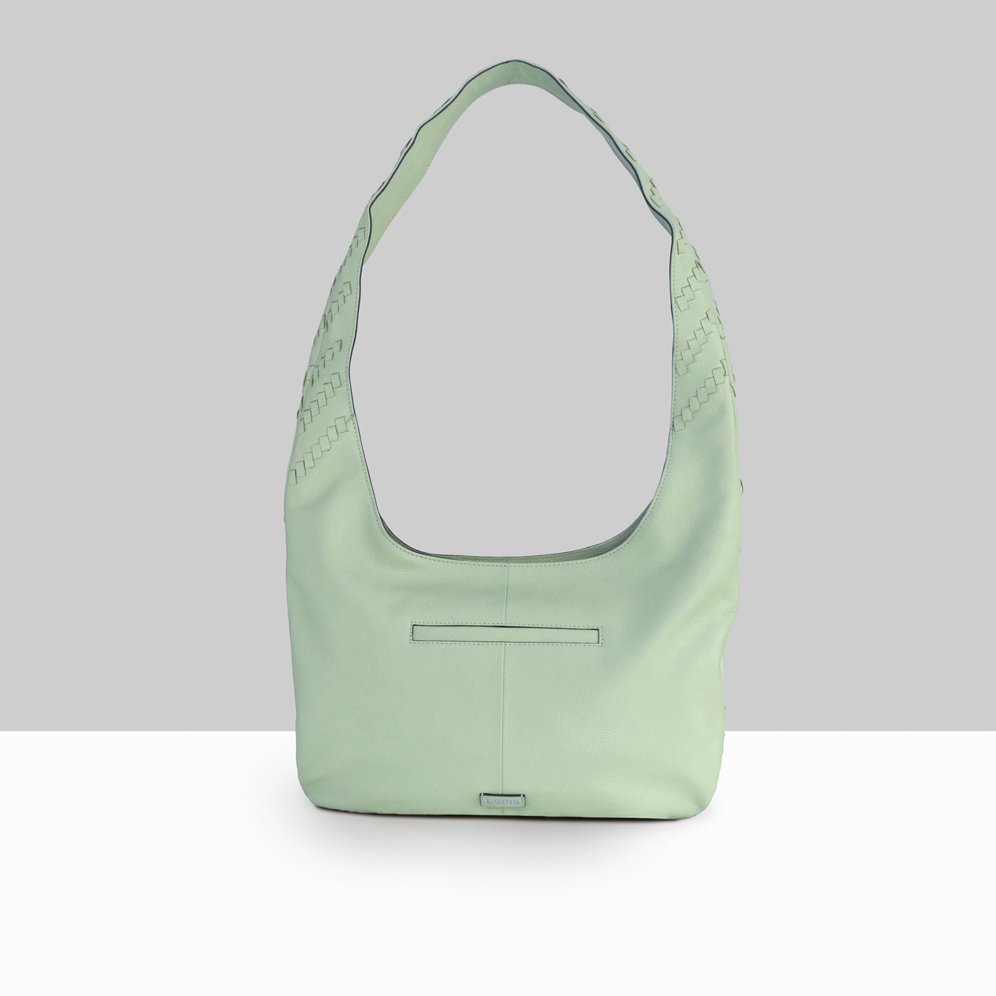 Lodis Solstice Hobo in Aura – Straight Front View, Smooth Pebbled Leather Body with Woven Top Handle | Lodis 1965