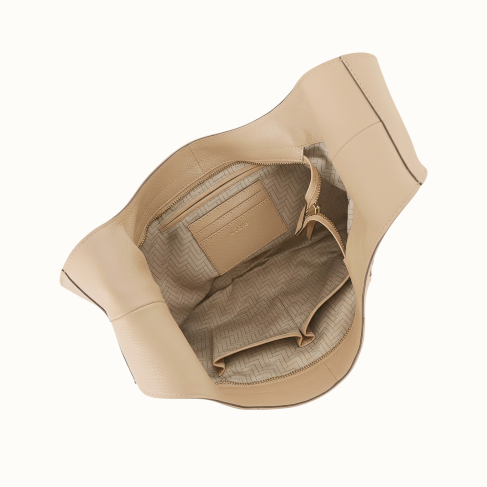Lodis Solstice Hobo in Sand – Interior View, Zip Pocket and Printed Fabric Lining | Lodis 1965