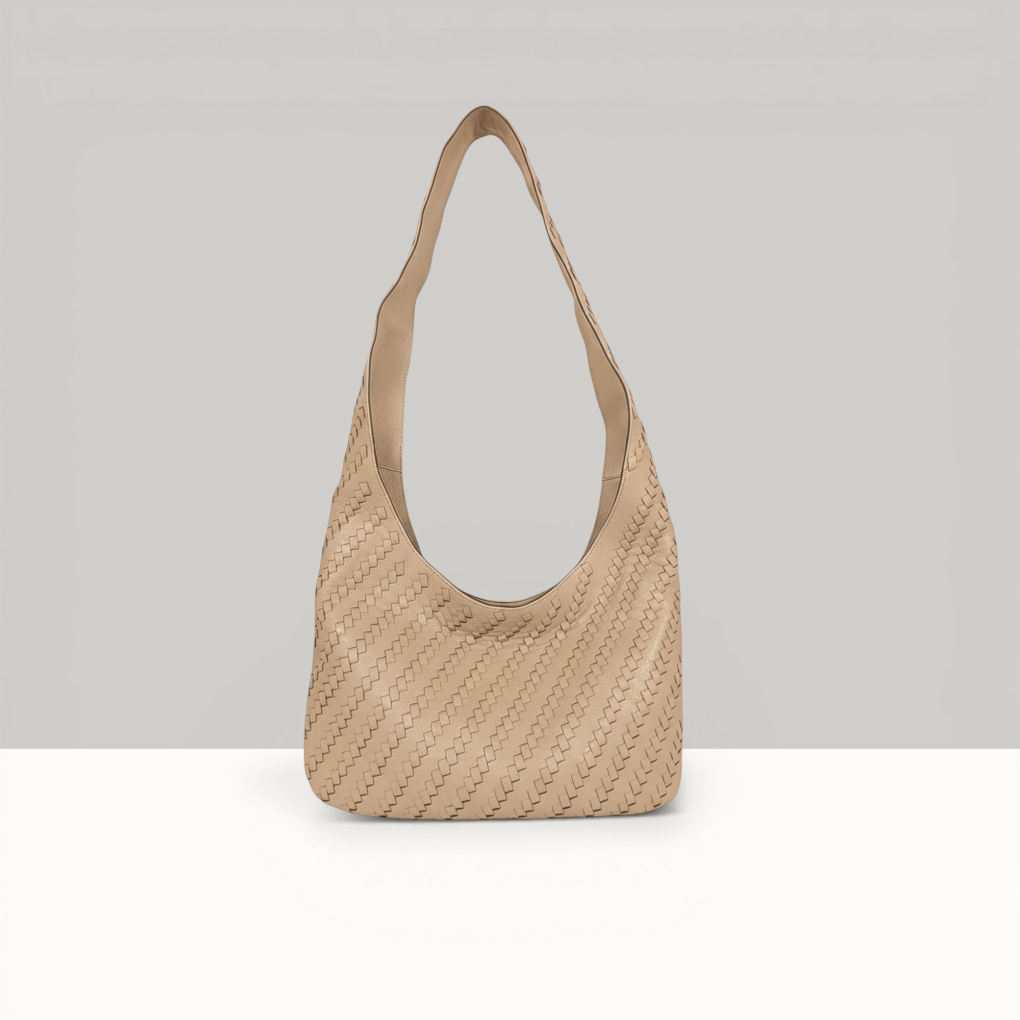 Lodis Solstice Hobo in Sand – Front View, Drum Dyed Woven Pebbled Leather Hobo Bag with Single Top Handle | Lodis 1965