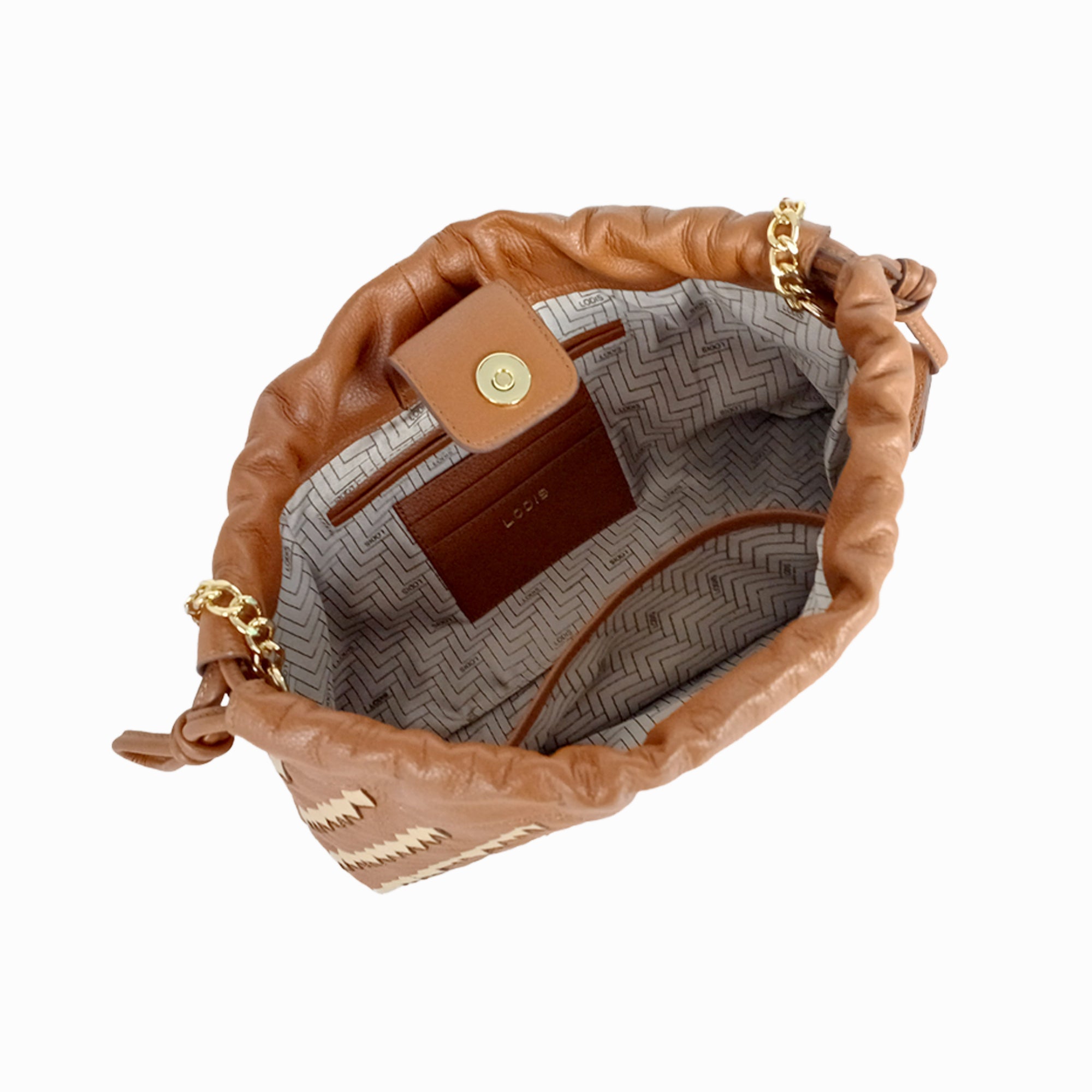 Lodis Solstice Pouch in Chestnut – Interior View Showing Herringbone Lining, Removable Lodis Card Case with Gold-Tone Snap, and Gold Chain Detail | Lodis 1965
