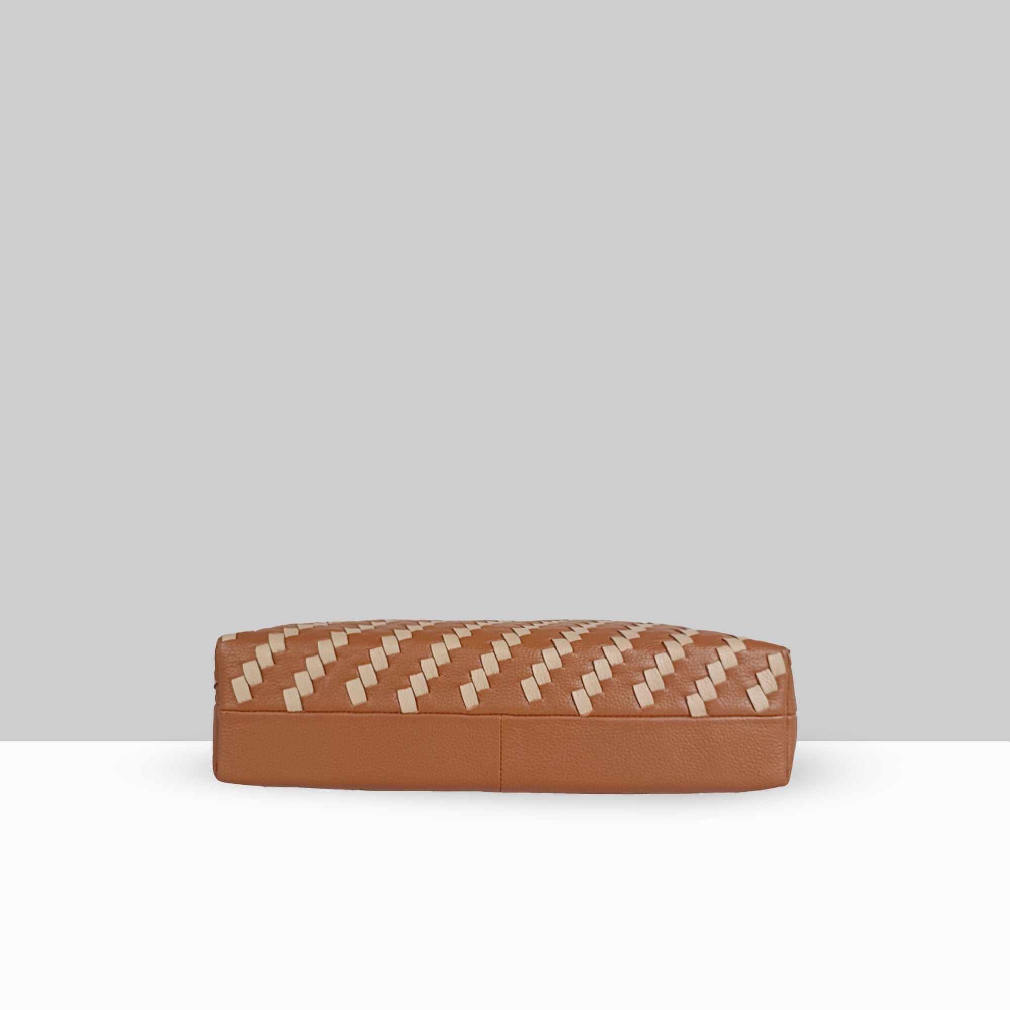 Lodis Solstice Pouch in Chestnut – Top View Showing Full Two-Tone Diagonal Woven Leather Pattern and Structured Base | Lodis 1965