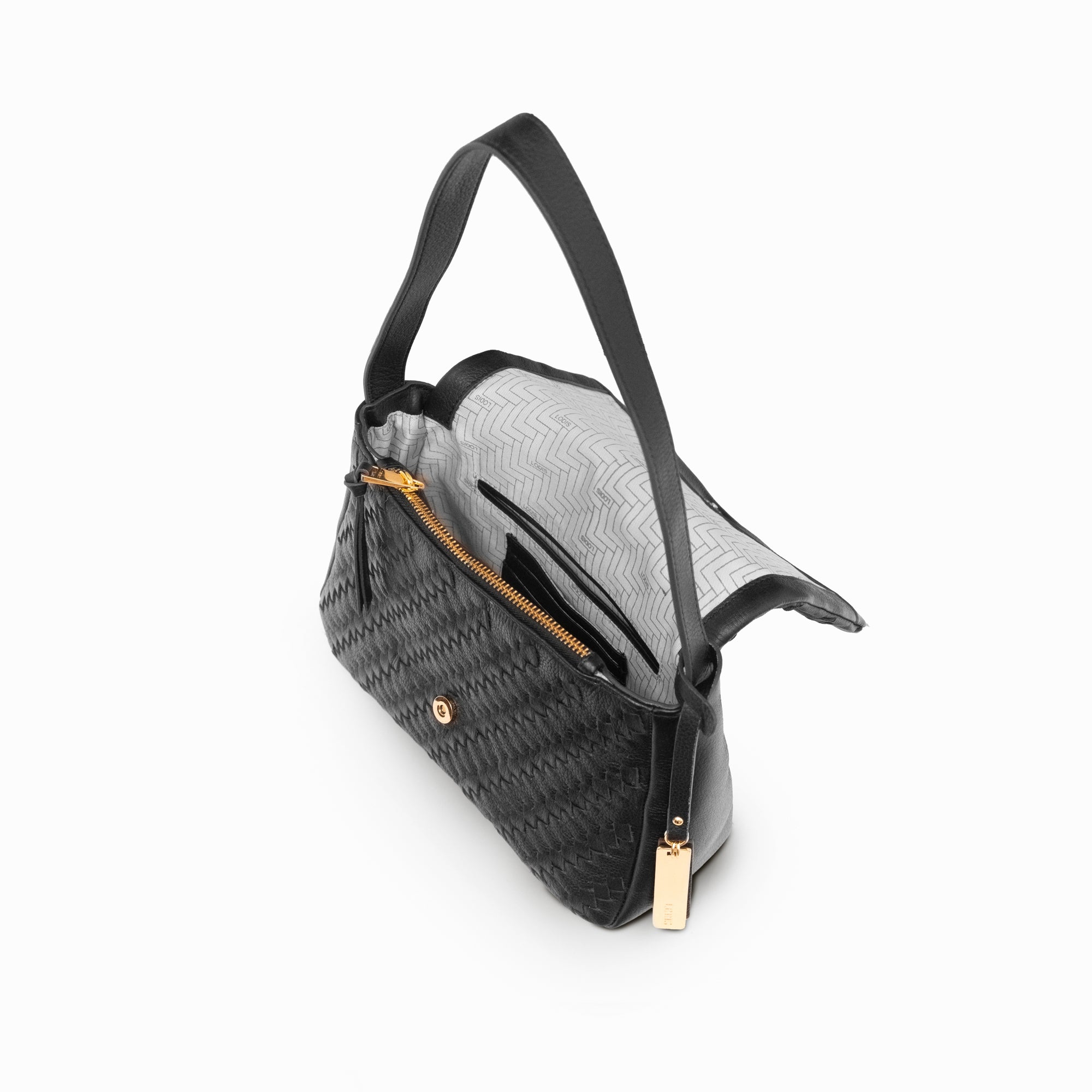 Lodis Solstice Shoulder Bag in Black – Interior View, Printed Fabric Lining with Zip Pocket and Gold-Tone Hardware | Lodis 1965