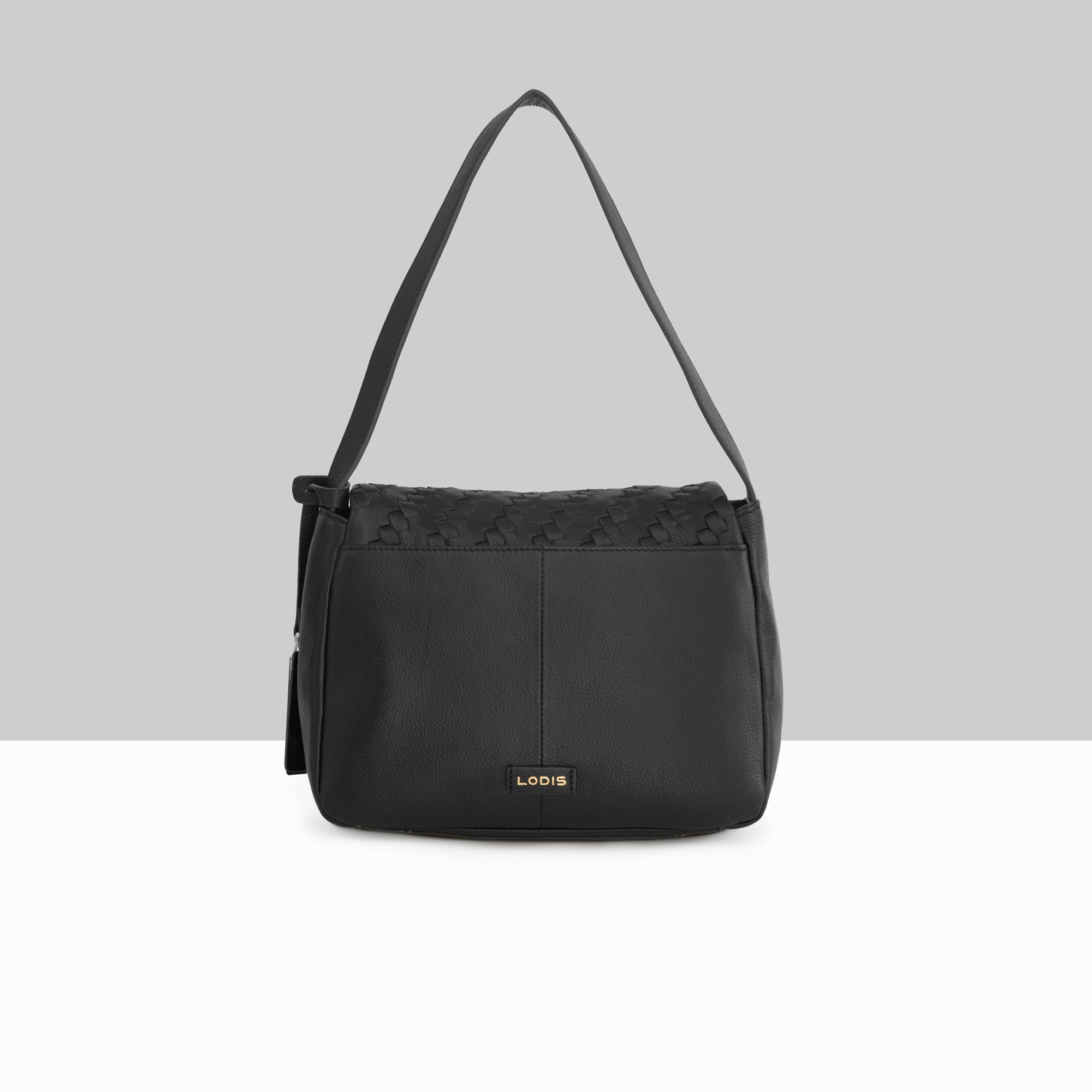 Lodis Solstice Shoulder Bag in Black – Back View, Smooth Pebbled Leather with Lodis Logo Plate and Tassel Detail | Lodis 1965