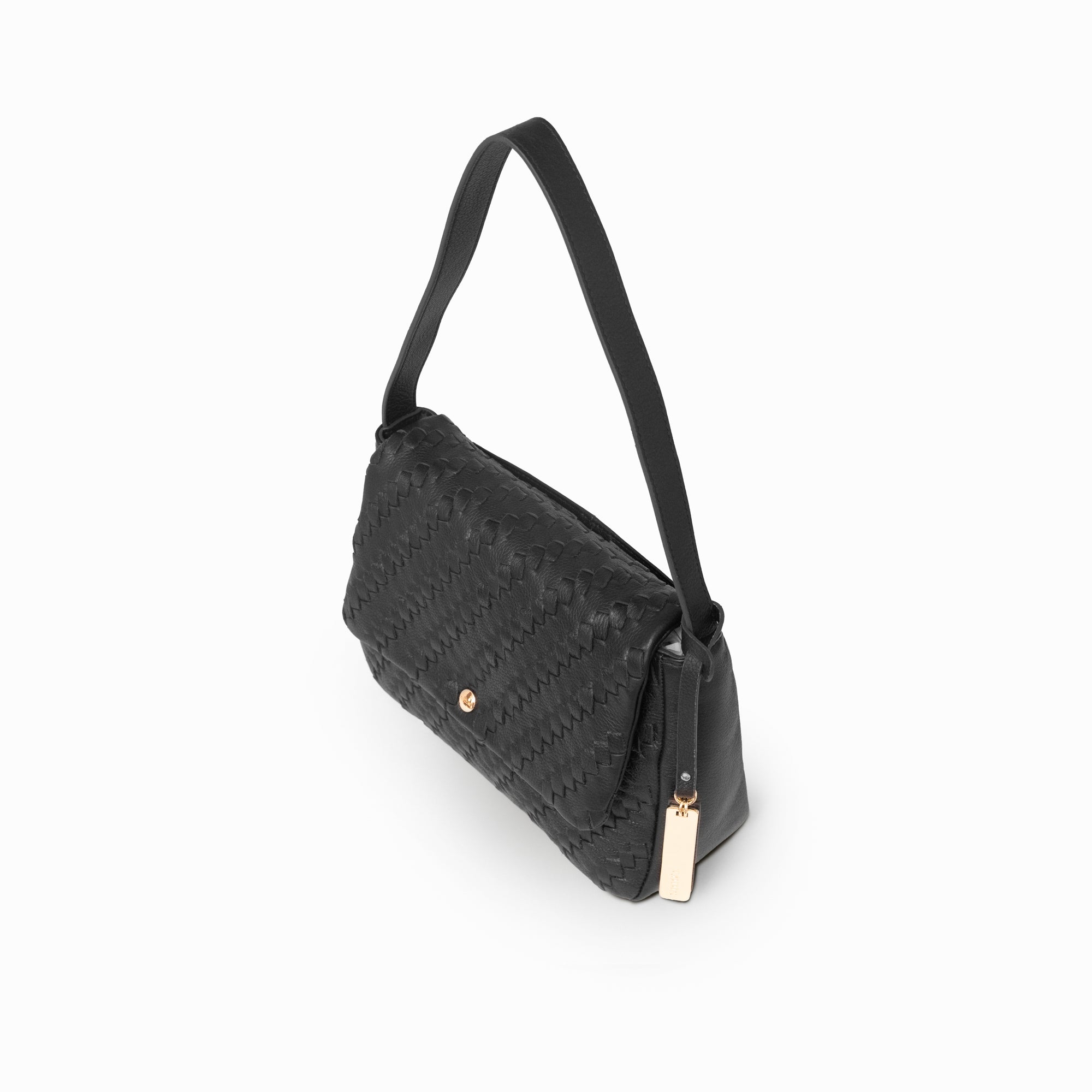 Lodis Solstice Shoulder Bag in Black – Angled Front View, Woven Pebbled Leather with Flap Closure, Gold-Tone Snap and Tassel Detail | Lodis 1965