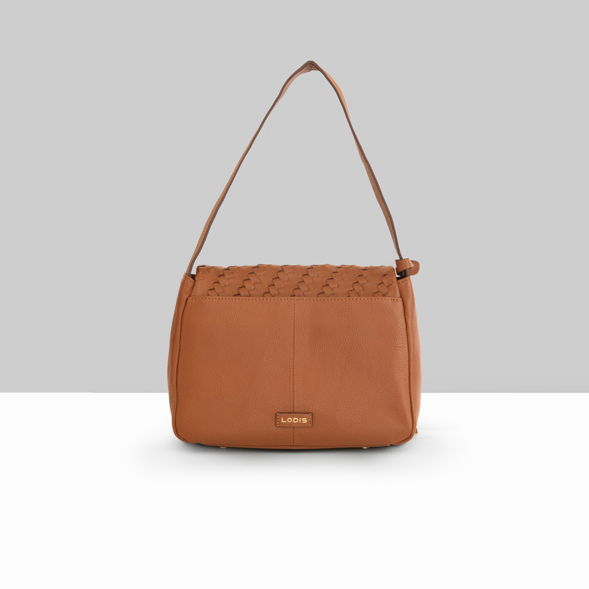 Lodis Solstice Shoulder Bag in Chestnut – Back View, Smooth Pebbled Leather with Lodis Logo Plate and Single Shoulder Strap | Lodis 1965