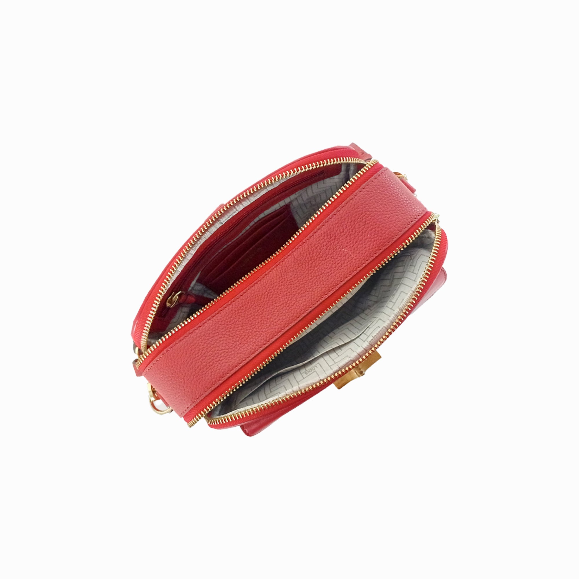 Lodis Sondra Camera Bag in Rhythmic Red – Interior View Showing Full-Length Gold-Tone Zip, Interior Card Slots, and Contrast Cream Lining | Lodis 1965