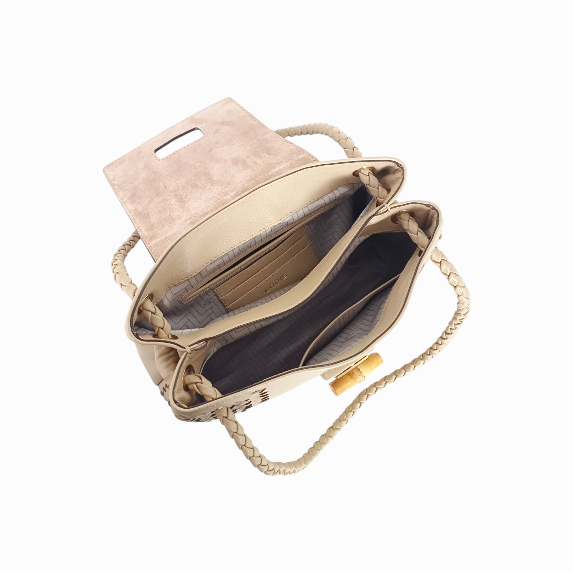 Lodis Sondra Satchel in Sand – Interior View Showing Suede Lining with Herringbone Pattern, Interior Slip Pocket, Main Compartment, and Bamboo Turn-Lock Detail | Lodis 1965