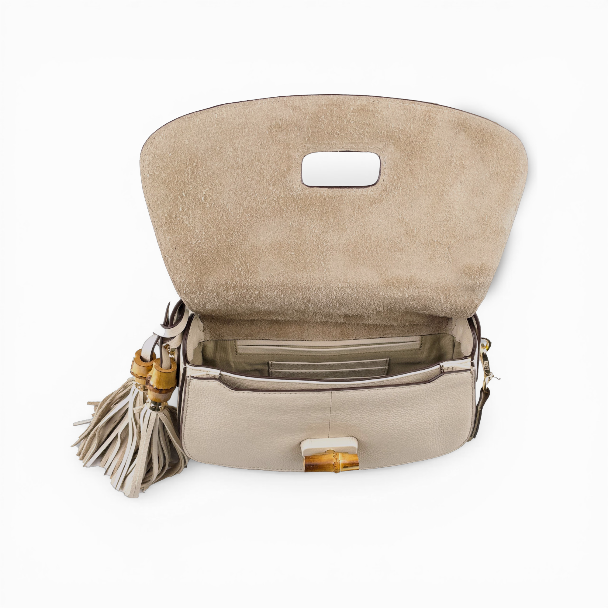 Lodis Sondra Top Handle Crossbody in Sand – Interior View Showing Suede Lining, Card Slots, Interior Pockets, and Bamboo Turn-Lock Detail | Lodis 1965