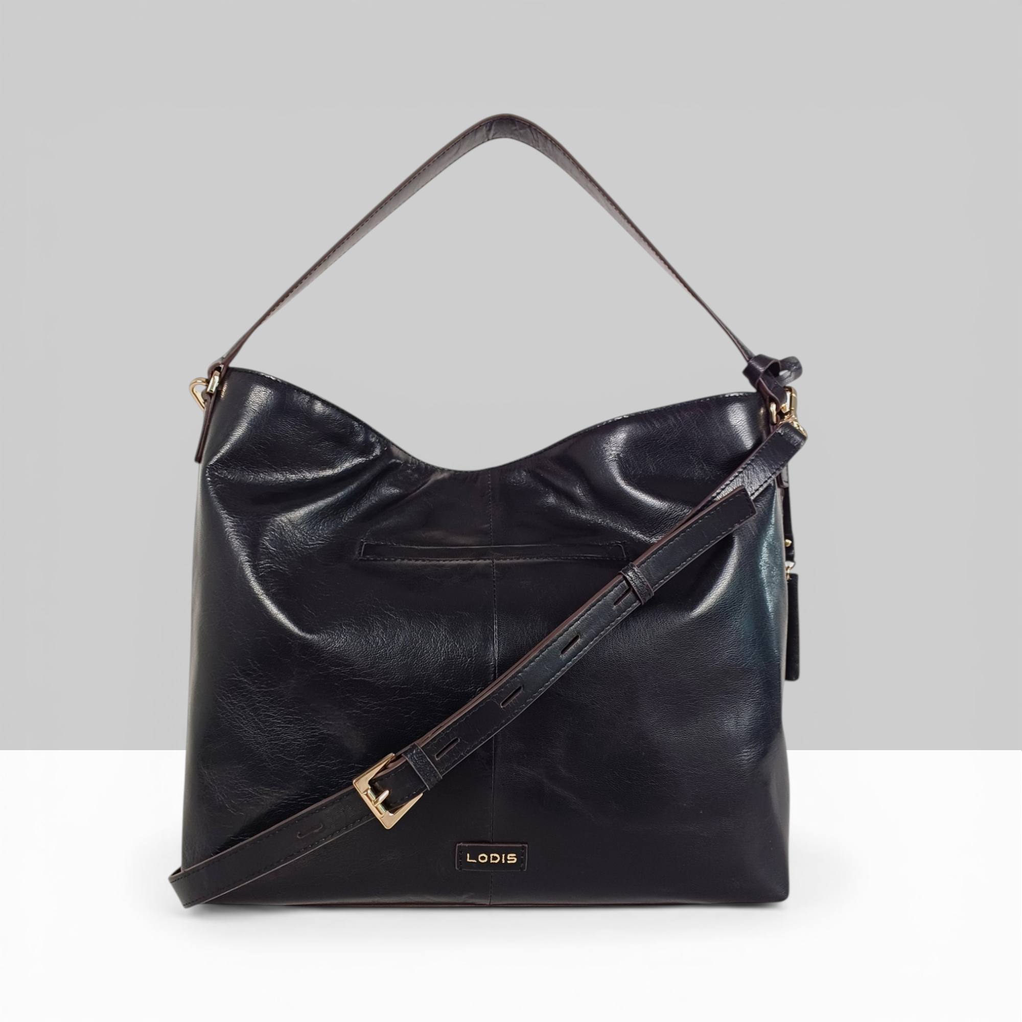 Lodis Venice Hobo in Black – Back View, Smooth Polished Genuine Leather with Lodis Logo Plate and Adjustable Buckle Strap | Lodis 1965