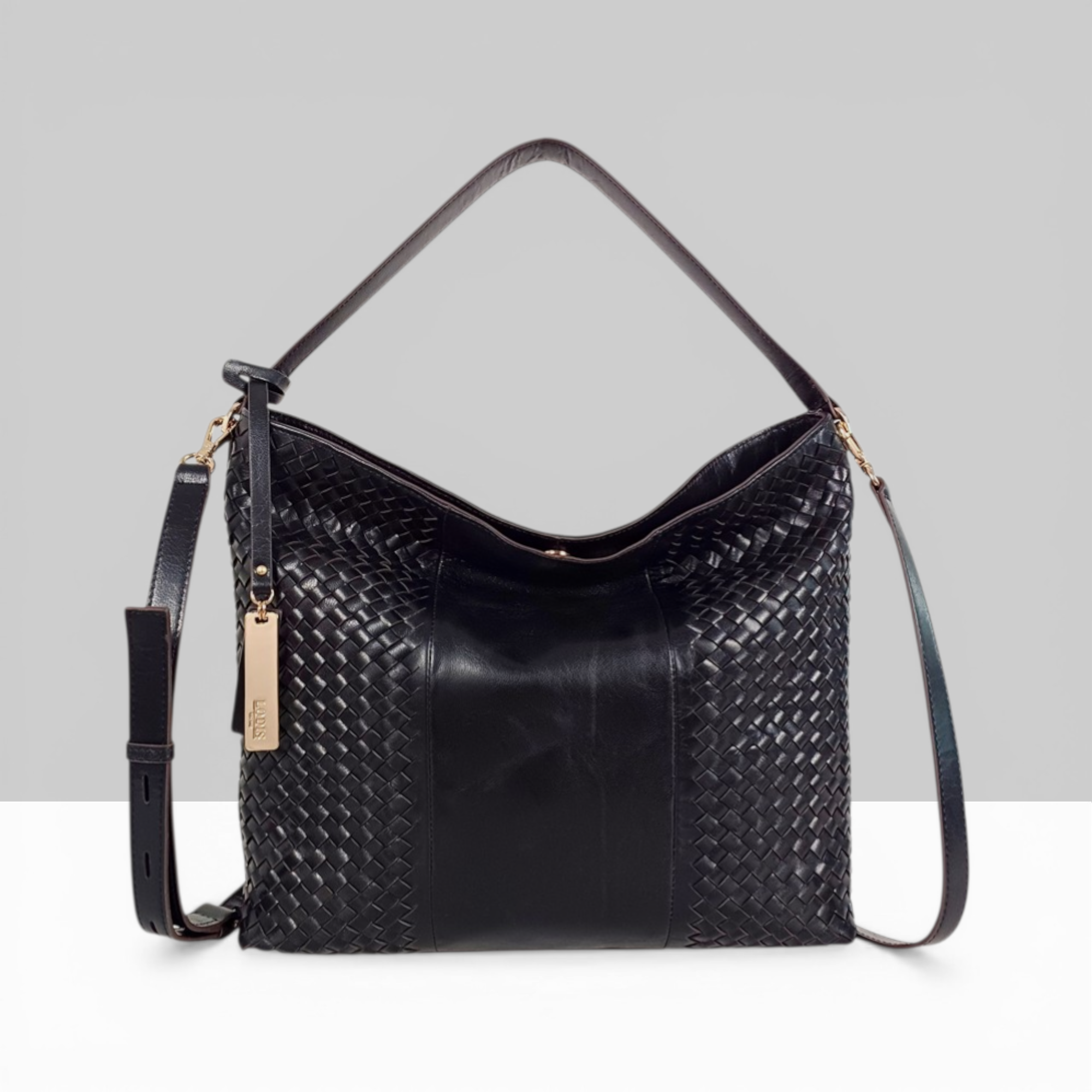 Lodis Venice Hobo in Black – Front View, Polished Woven Genuine Leather with Gold-Tone Hardware, Logo Tag and Adjustable Strap | Lodis 1965