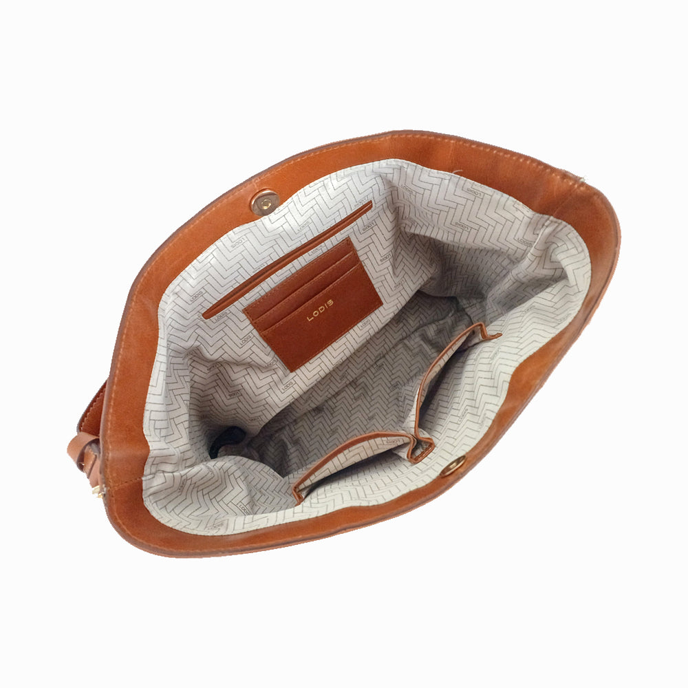Lodis Venice Hobo in Chestnut – Interior View, Printed Fabric Lining with Card Slots, Zip Pocket and Leather Card Holder | Lodis 1965