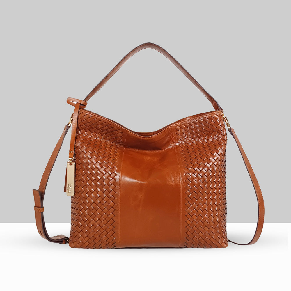 Lodis Venice Hobo in Chestnut – Front View, Polished Woven Genuine Leather with Gold-Tone Hardware, Logo Tag and Adjustable Strap | Lodis 1965