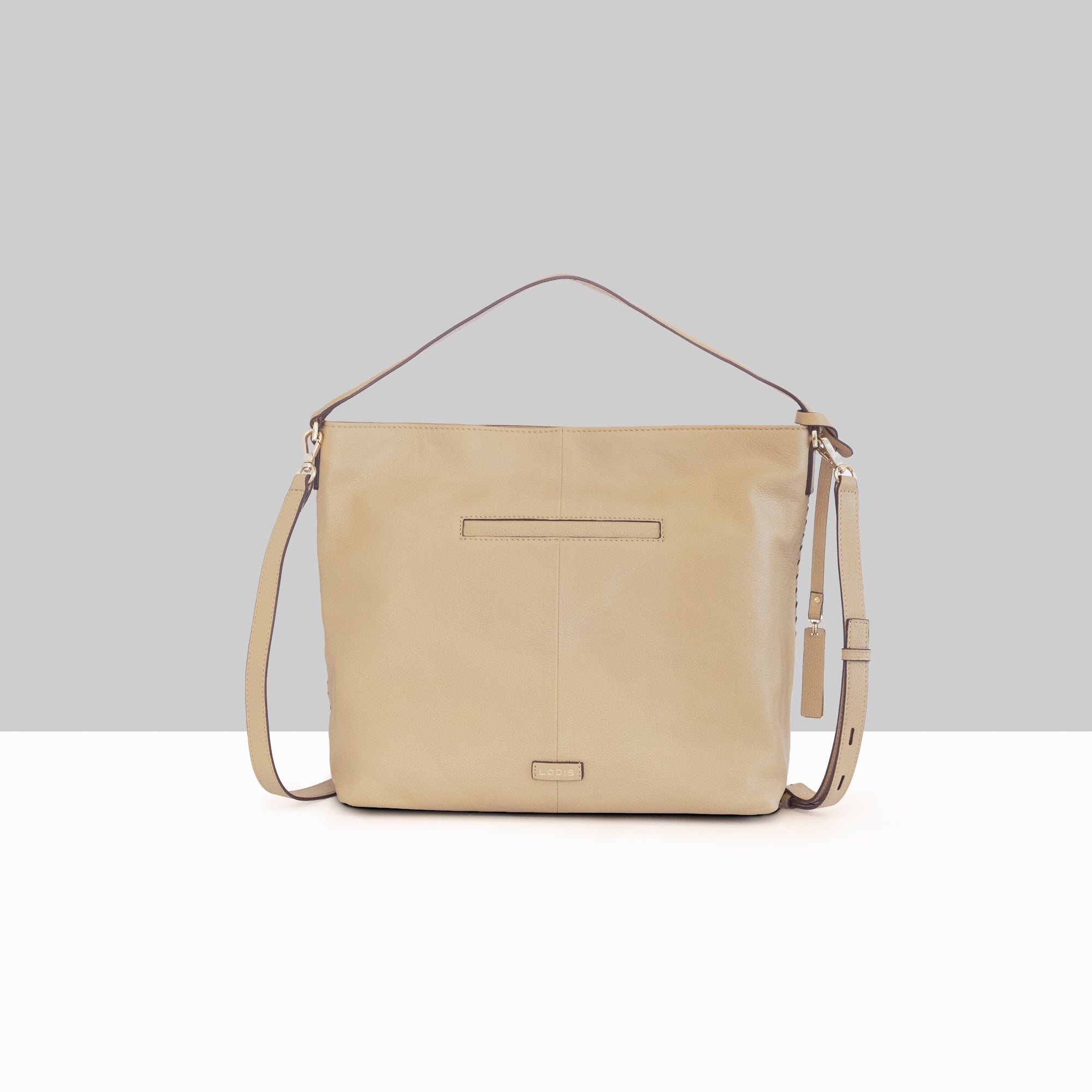 Lodis Venice Hobo in Sand – Back View, Smooth Polished Genuine Leather with Lodis Logo Plate and Adjustable Buckle Strap | Lodis 1965