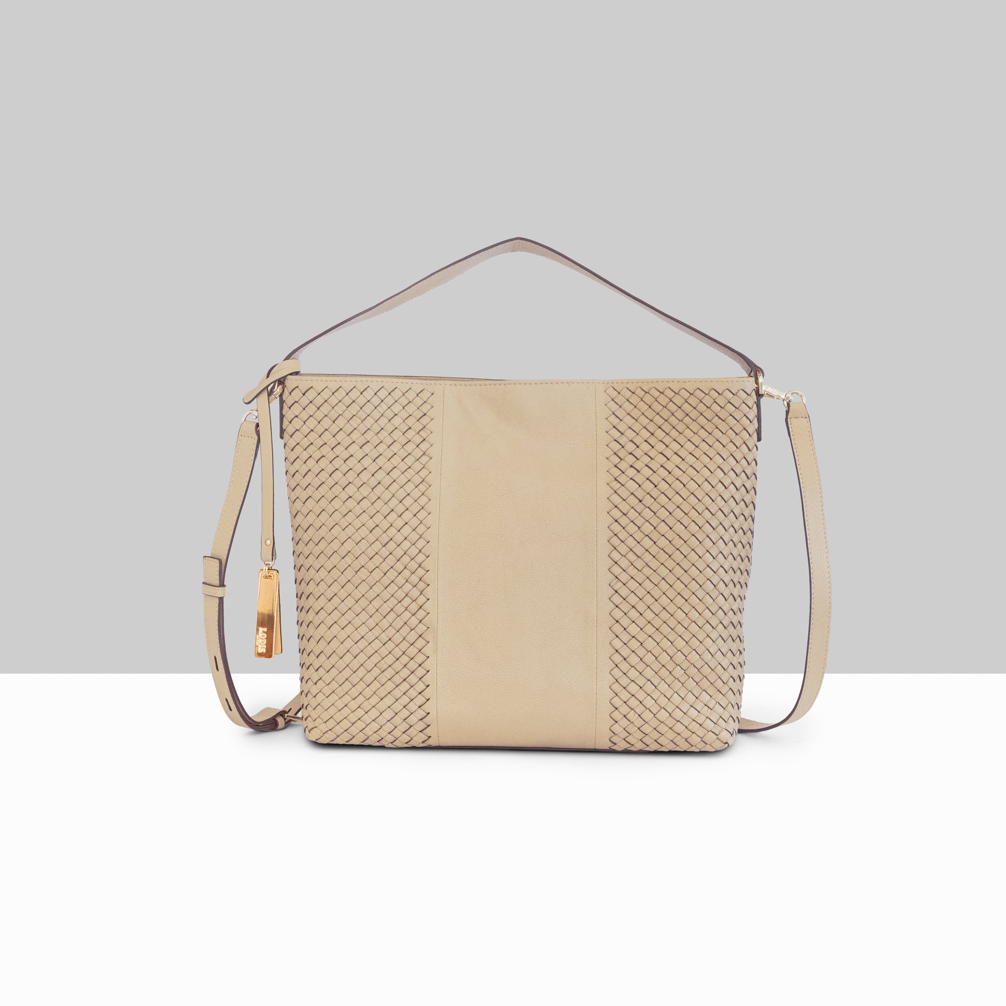 Lodis Venice Hobo in Sand – Front View, Polished Woven Genuine Leather with Gold-Tone Hardware, Logo Tag and Adjustable Strap | Lodis 1965