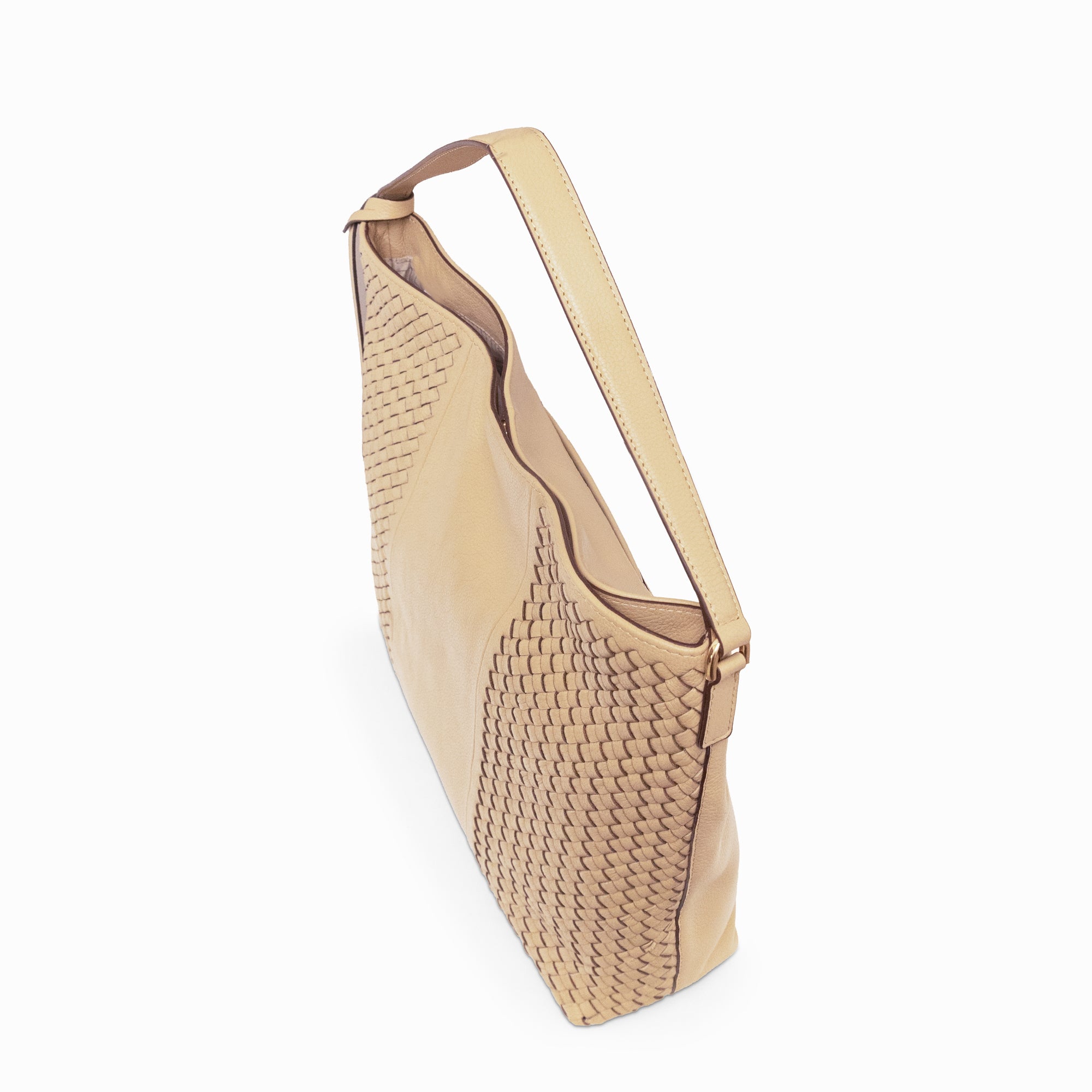 Lodis Venice Hobo in Sand – Side Profile View, Polished Woven Genuine Leather Showing Full Texture and Adjustable Crossbody Strap | Lodis 1965