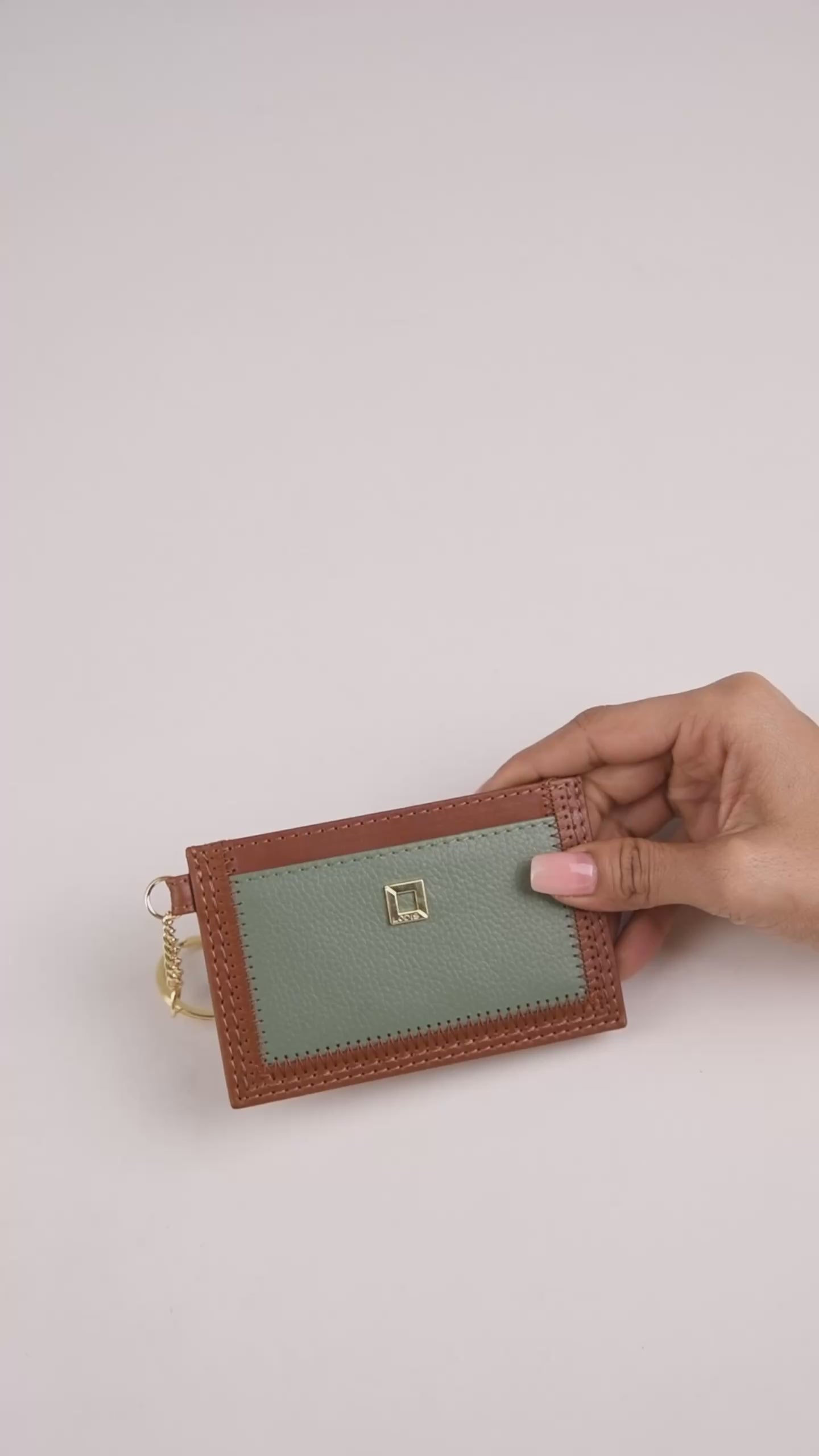 Cafe ID Card Case in Chestnut and Sage Green Two-Tone Leather – Video Showing Full Exterior, Interior Card Slots, ID Window, and Gold Key Ring Detail | Lodis 1965