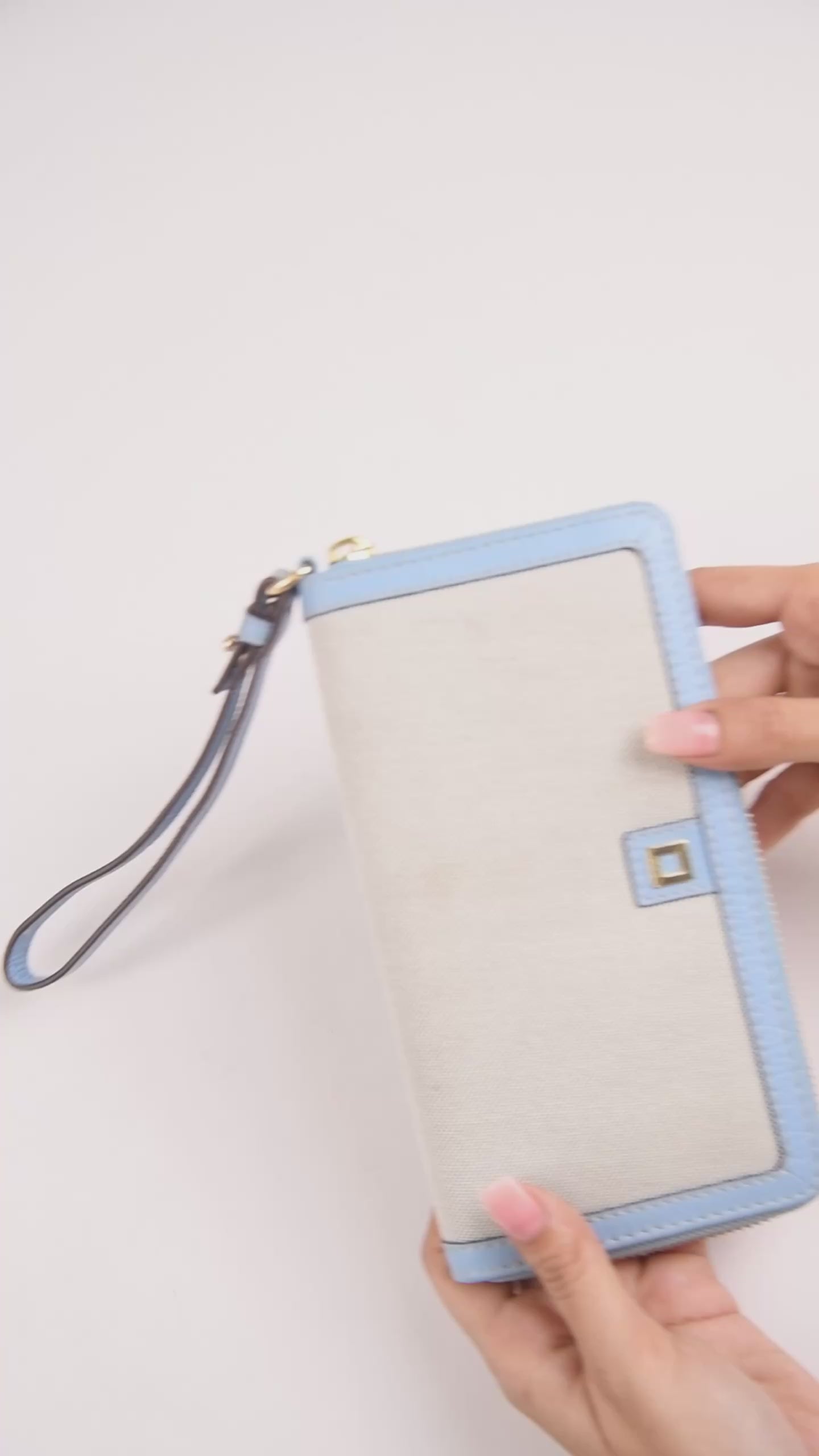 Lodis Kiara Continental Zip Wallet in Aura – 360 Video Showing Blended Fabric Body, Blue Leather Trim and Wristlet Strap | Lodis 1965