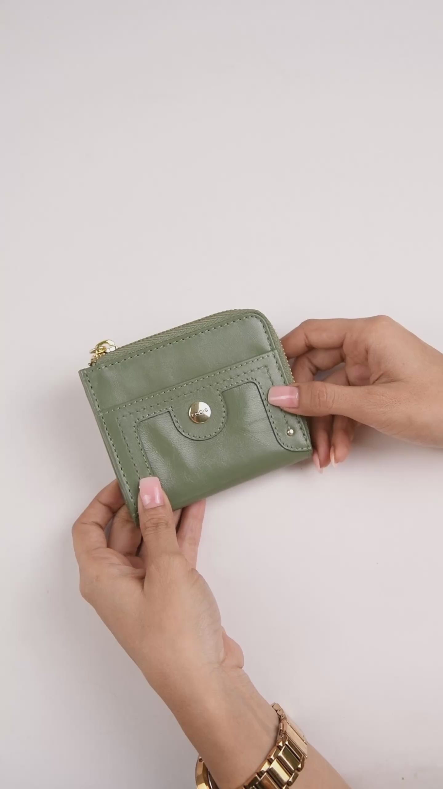 Overglow French L Zip Wallet in Sage Green Pebbled Leather – Video Showing Full Exterior, Zip Opening, Interior Card Slots, and Bill Compartment | Lodis 1965