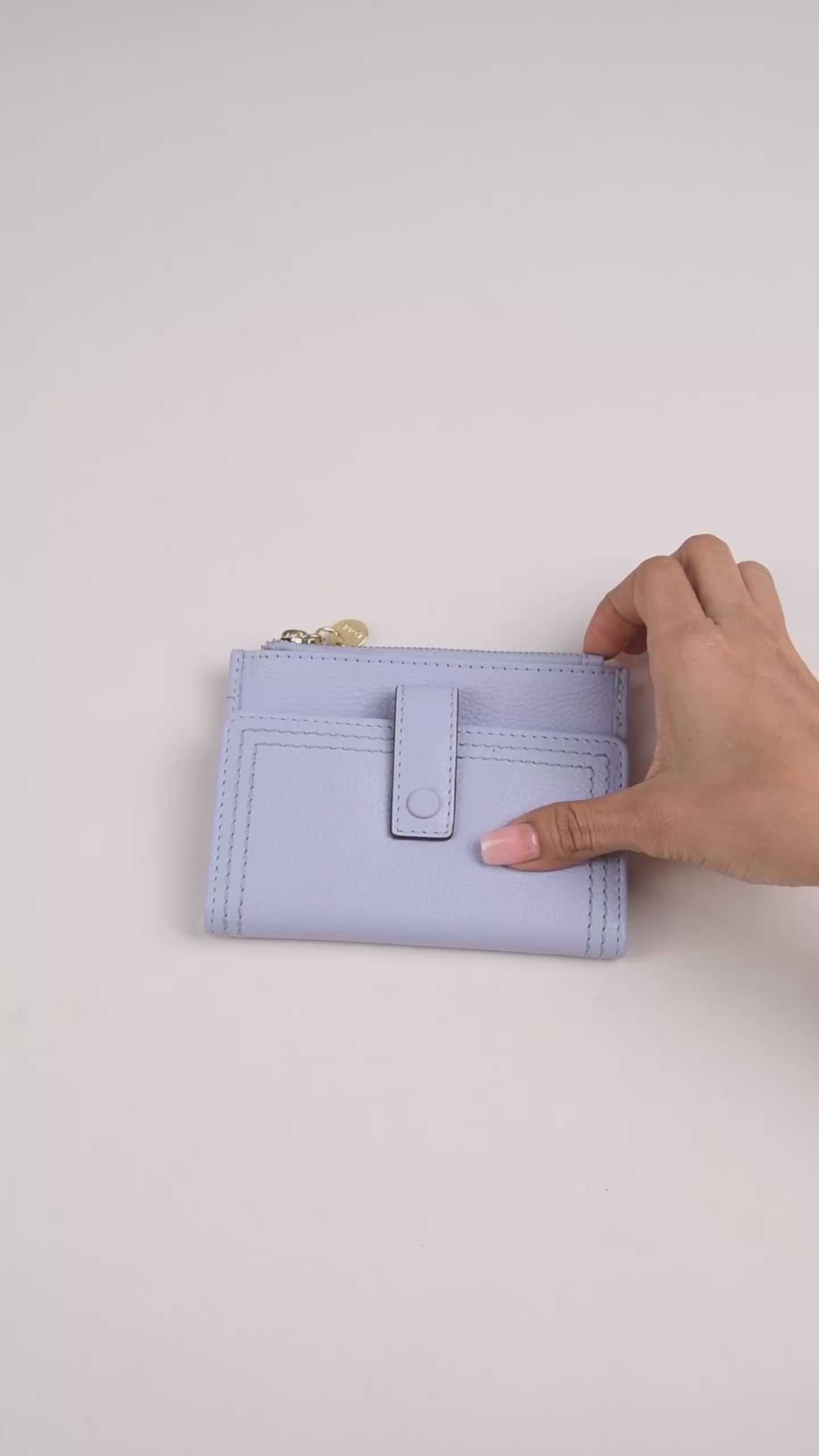 Kiara Flip Face Wallet in Aura Blue Pebbled Leather – Video Showing Flip Card Panel, Interior Layout, and Full Wallet Profile | Lodis 1965