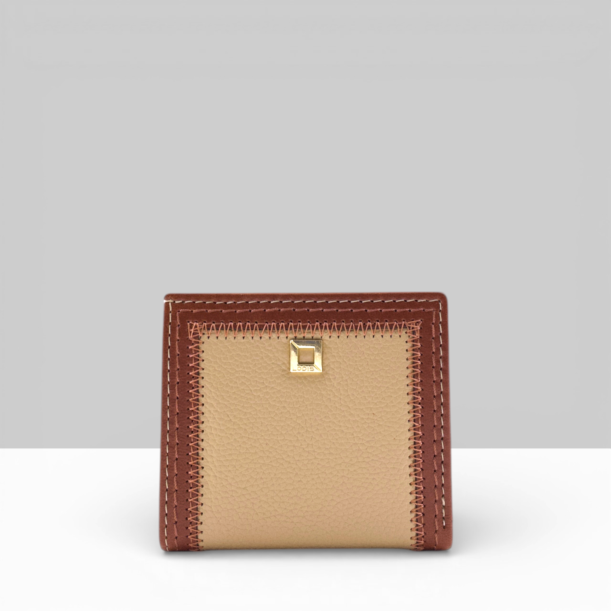 Cafe Slim Wallet in Chestnut and Sand Two-Tone Leather – Front View with Gold Square Snap Closure and Contrast Stitching Border | Lodis 1965