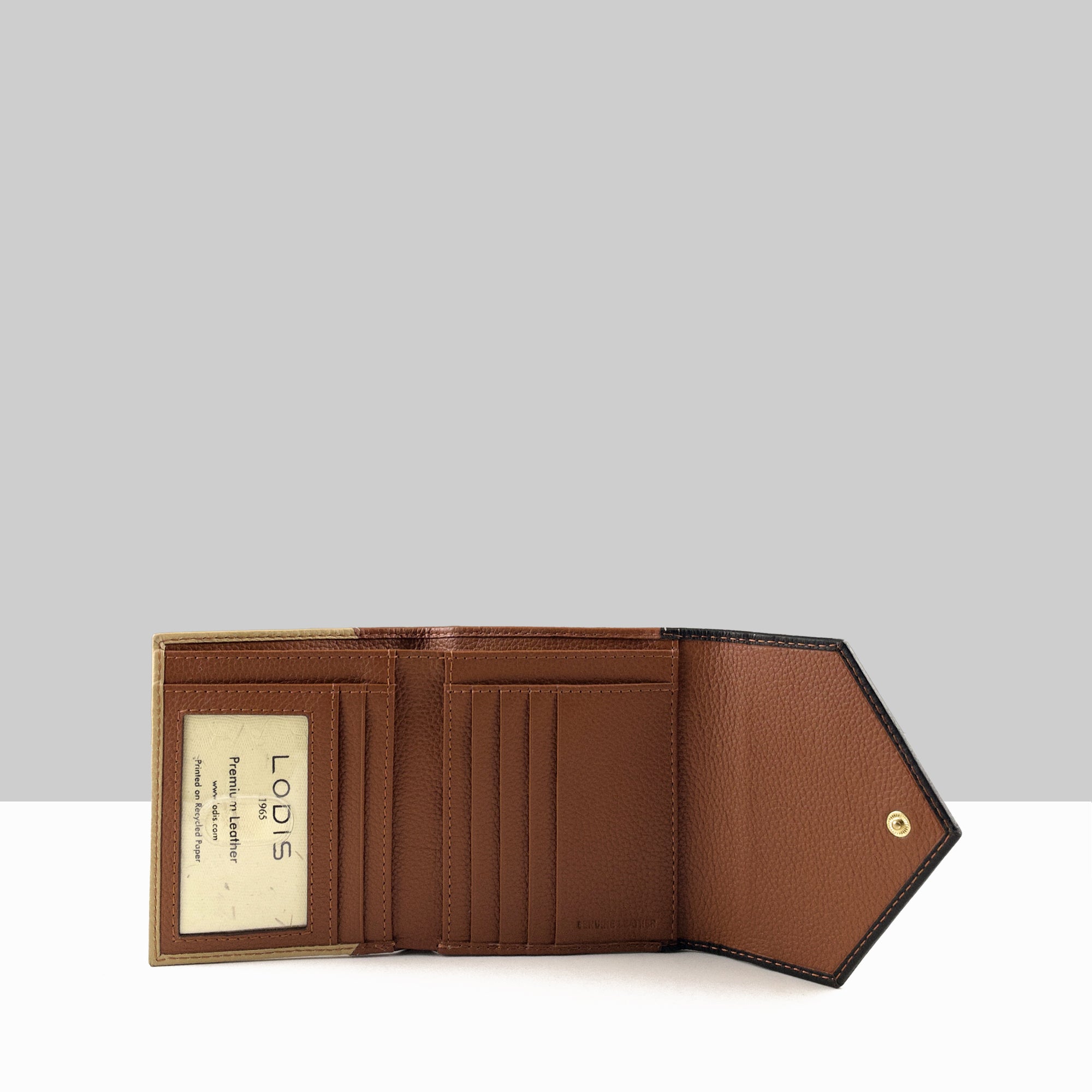 Lodis Vista Envelope Small Tri Fold Wallet open view showing chestnut brown interior with card slots, bill compartment, and Lodis branded insert