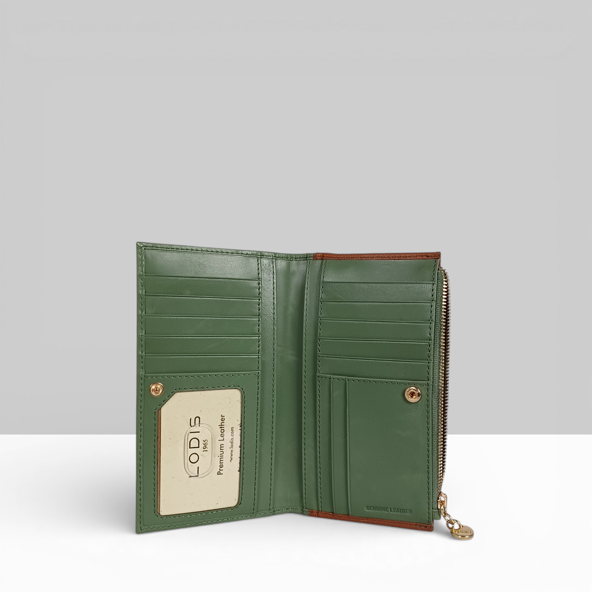 Lodis Cade Large Wallet in Sage Green – Front View, Pebbled Leather Bifold with Gold-Tone Logo Plate | Lodis 1965