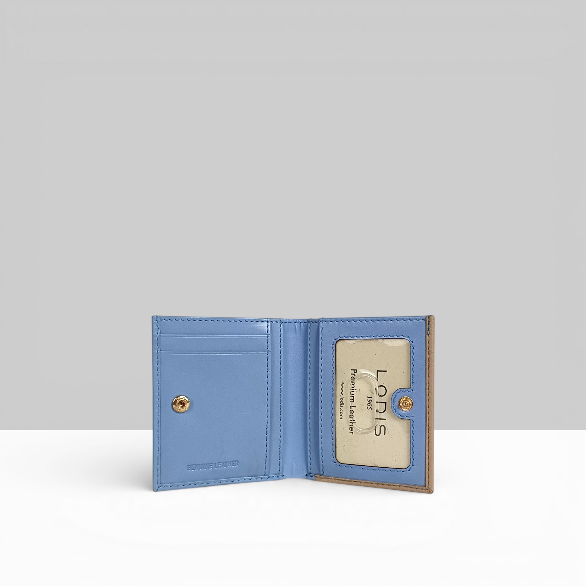 Cafe Slim Wallet in Aura Blue and Sand Two-Tone Leather – Interior View Showing Card Slots, ID Window, and Lodis 1965 Premium Leather Insert | Lodis 1965